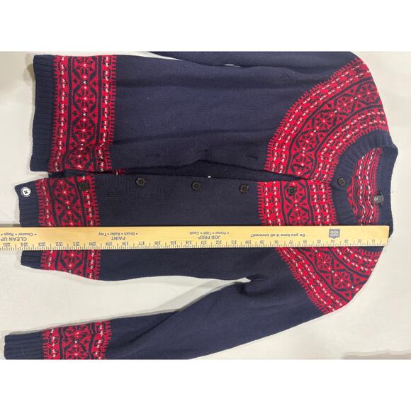 Talbots Petites Wool Fair Isle Cardigan Sweater Navy Red MP Nordic Winter Knit - Picture 7 of 9